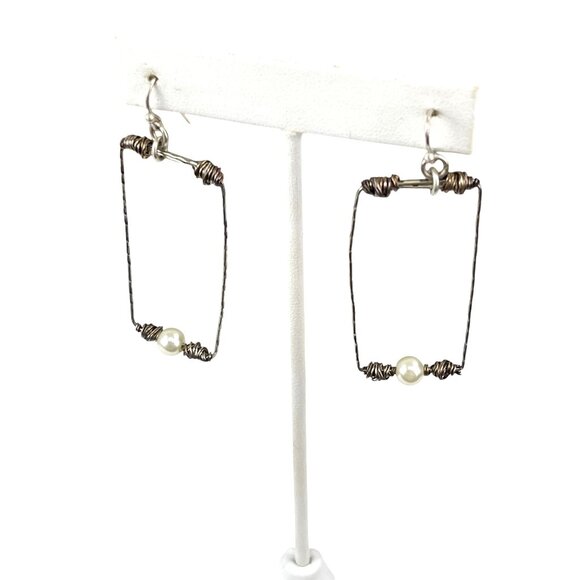 Handcrafted Wire & Pearl Rectangular Dangle Earrings - Picture 3 of 8